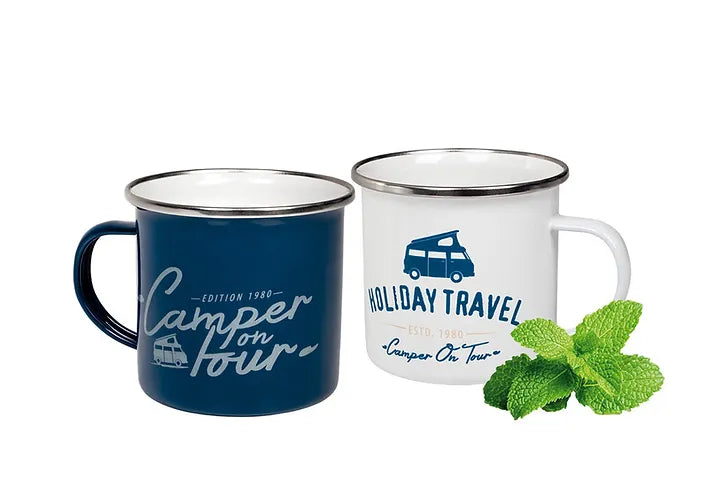 Tasses en émail lot de 2 - "HOLIDAY TRAVEL"